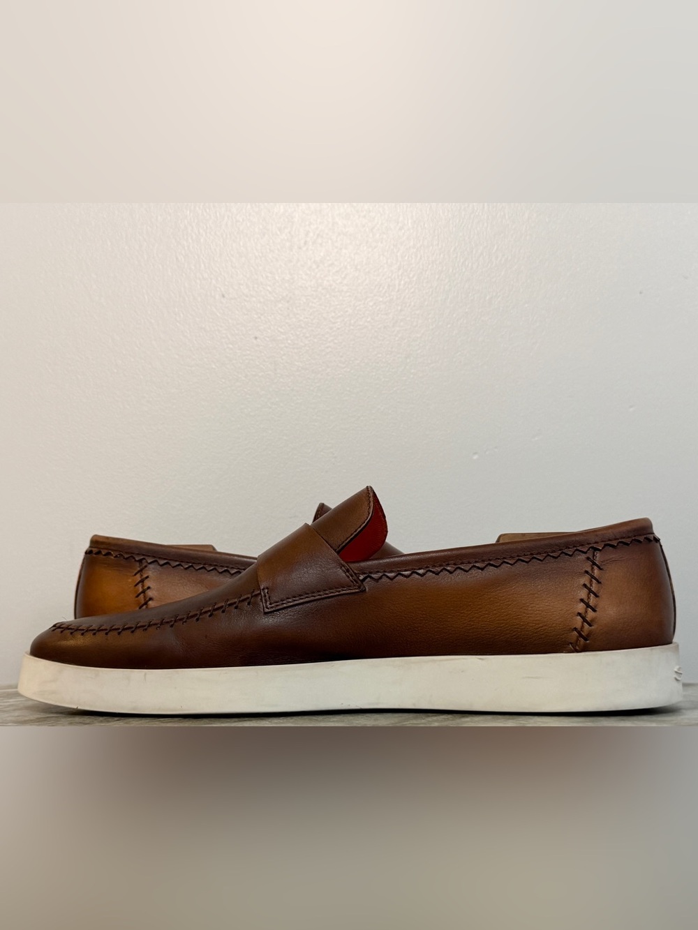 SANTONI BROWN / TAN Loafers UK 10.5 / US 11.5 Moccasin Slippers Rubber Sole $950 - Picture 5 of 12